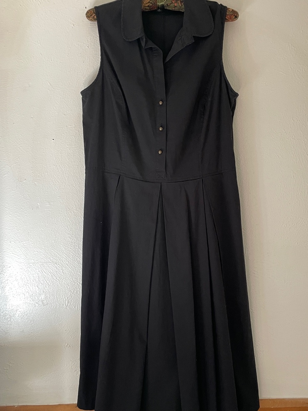 Witchery Black Collared Button Front Midi Dress Pleated Skirt Cotton 12